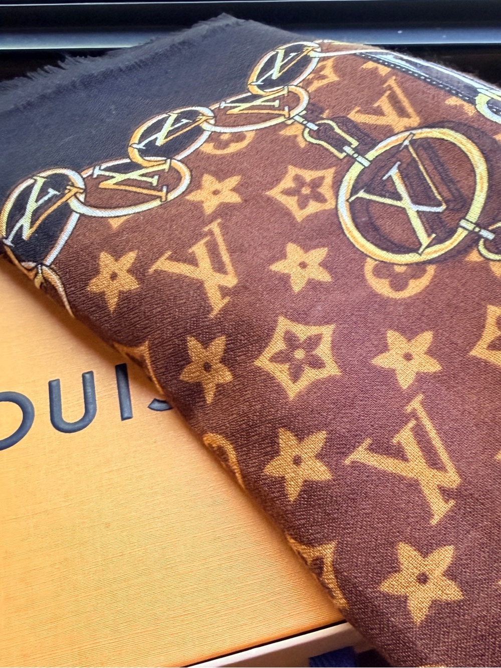 Brown and Gold Monogram Chain Print Scarf